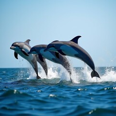 Fototapeta premium three dolphins jumping out water dolphins center their bodies facing towards side frame facing same direction appear mid jump water deep blue color small waves visible around dolphins sky clear blue