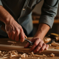 Skilled woodworker carving wooden plank with chisel in rustic workshop traditional craftsmanship focus