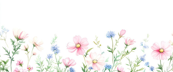 Fototapeta premium A delicate floral border featuring pink and blue flowers on a white background.