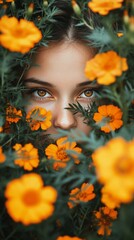 Naklejka premium A dense patch of marigolds showcases bright orange and yellow flowers, framing a woman’s face with expressive eyes. This enchanting setting highlights the beauty of nature and floral elegance