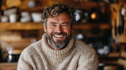 Fototapeta premium A middle-aged European man with a beard beams joyfully while seated in a rustic kitchen. He wears a comfortable sweater and expresses happiness in a warm, inviting atmosphere