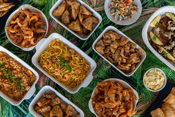 Seafood buffet with many choices of dishes in vibrant colors
