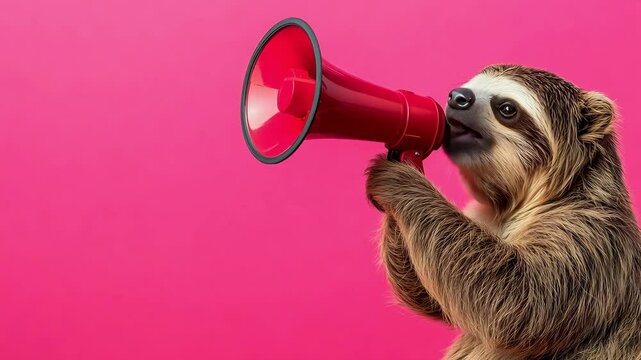 A sloth holds a megaphone on a vivid pink background, drawing attention to the importance of wildlife conservation and awareness efforts
