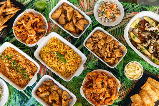 Seafood buffet with many choices of dishes in vibrant colors