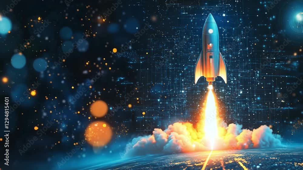 Poster a rocket is ascending into space, surrounded by bright flames and a digital backdrop showcasing tech