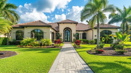 Nestled in a vibrant landscape, the residence showcases a beautifully landscaped yard adorned with tropical plants