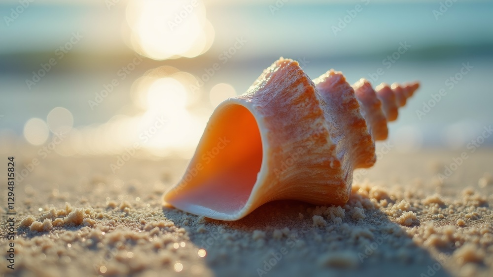 Poster close conch shell sandy beach shell orange white color has curved shape pointed tip resting sand sma