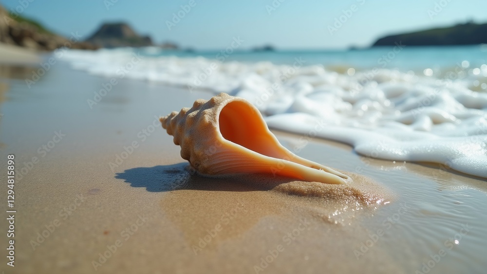 Poster close seashell sandy beach seashell center its shell facing towards right side frame shell light ora