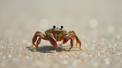 Fototapeta premium close crab sandy beach crab facing towards right side its body slightly blurred background has round head two small black eyes small antennae top its legs orange its claws sharp pointed sand around
