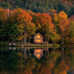 Obraz premium Cozy wooden cabin by tranquil lake in autumn forest with vibrant fall foliage peaceful seasonal retreat