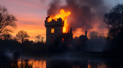Fototapeta premium A burning castle tower collapsing into a moat at twilight.