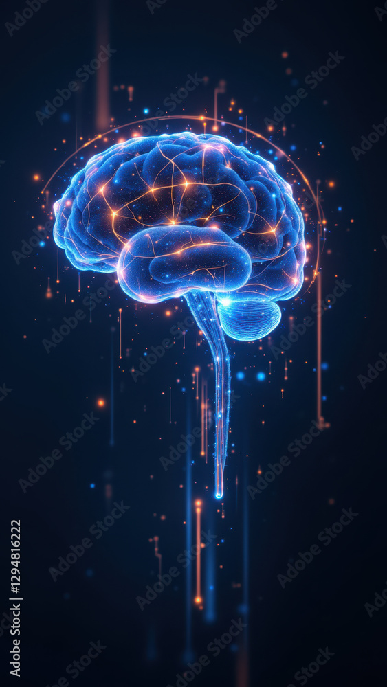 Poster computer graphic of a human brain with digital data flowing into it, symbolizing artificial general 