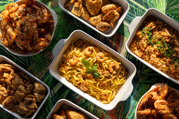 Seafood buffet with many choices of dishes in vibrant colors