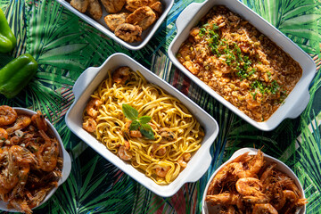 Seafood buffet with many choices of dishes in vibrant colors