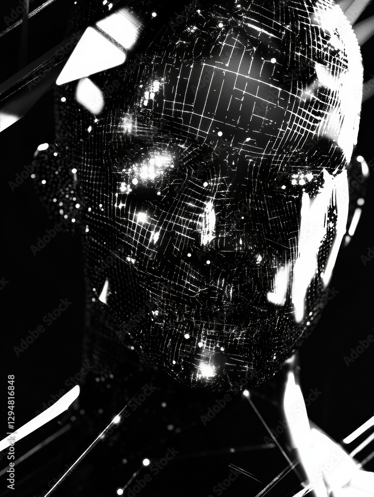 Leinwandbilder human head silhouette filled with glowing ai nodes and digital fractals in a cosmic cyberpunk settin