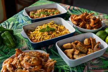 Seafood buffet with many choices of dishes in vibrant colors