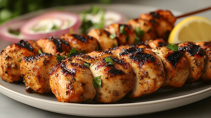 Grilled Chicken Skewers on Plate with Onions and Lemon