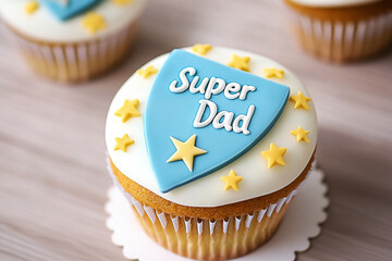 festive cupcake with super dad decoration for father’s day and birthday. Celebrating fatherhood with sweet treats and appreciation.  