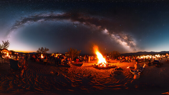 A casinos desert bonfire event with guests roasting marshmallows under the Milky Way.