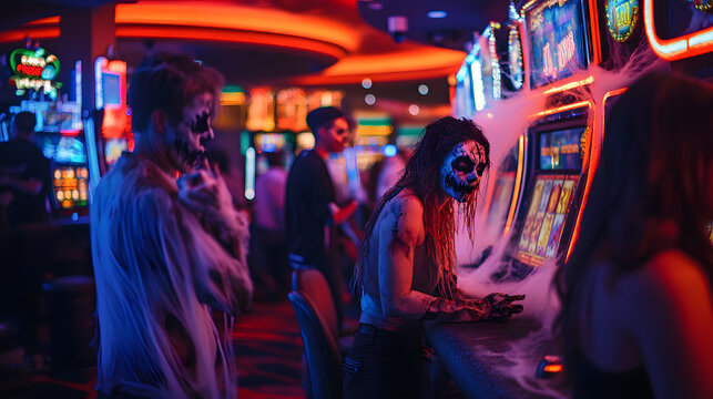 A casinos Halloween bash with dealers in zombie makeup and slot machines draped in cobwebs.