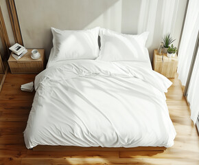 Duże łóżko z białą pościelą i poduszkami w sypialni - mockup na pościel