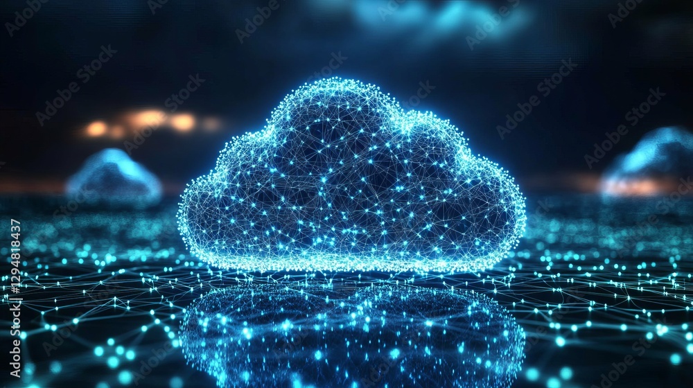 Poster abstract digital cloud network technology shiny blue glowing lines points connections data internet 