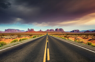 Long empty road stretching through scenic desert landscape with dramatic sky and distant rock formations