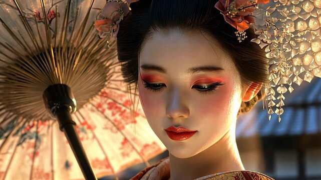 Geisha with parasol, serene portrait