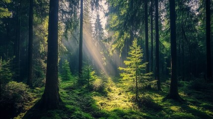 Obraz premium Sunbeams in a Lush Green Forest