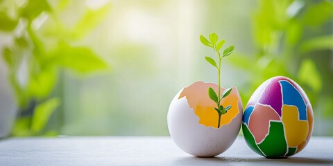 A creative Easter-themed image featuring a cracked white egg with a sprouting plant and a colorful patterned egg beside it, set against a soft green background