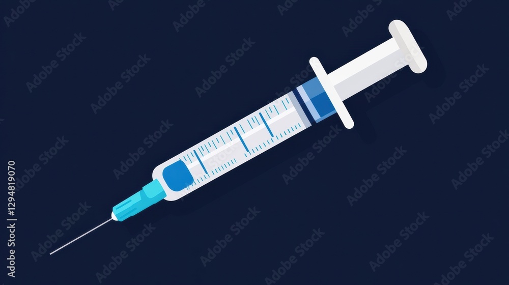 Poster Syringe with a clear barrel and blue plunger placed on a dark background highlighting its design and purpose in medical use. Generative AI