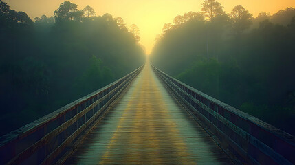 Fototapeta premium Misty Sunrise Bridge Path Through Forest
