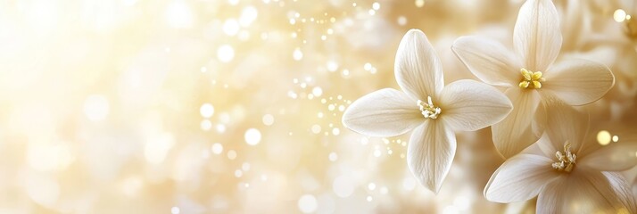 A soft, gentle abstract background featuring white flowers with a dreamy golden bokeh effect