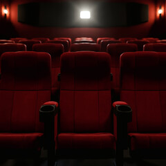 Obraz premium Modern empty cinema with red velvet seats and dim lighting creating an atmospheric movie theater experience