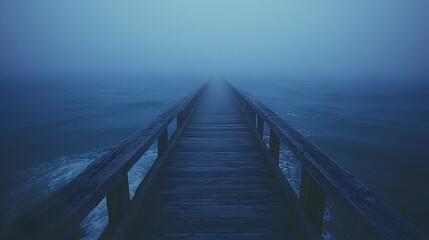 Naklejka premium Misty Wooden Pier Extends into Foggy Sea