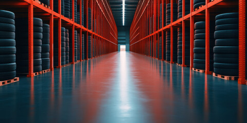 Fototapeta premium A warehouse filled with stacked tires demonstrates inventory management and storage techniques. The concept is wholesale.