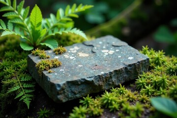 Ancient stone slab nestled among moss and ferns, moss, foliage, granite
