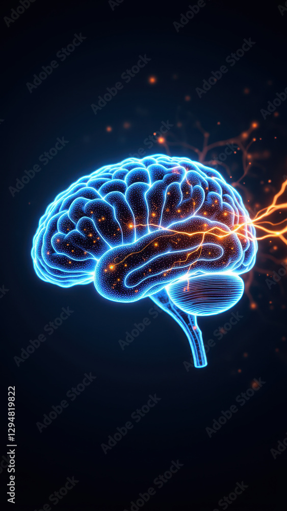 Poster illustrative graphic representing artificial general intelligence with a brain-like structure and li