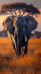 Obraz premium Majestic African Elephant Roaming the Golden Savanna at Sunset - A True Safari Experience