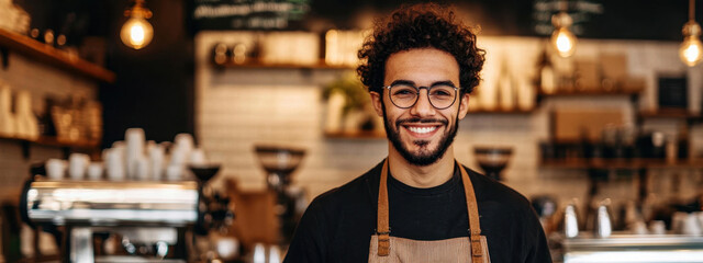Guy Barista portrait with warm smile looking into camera on blurred background in cozy cafe. Barista profession concept