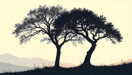 Two Trees Silhouette Against a Misty Mountain Landscape