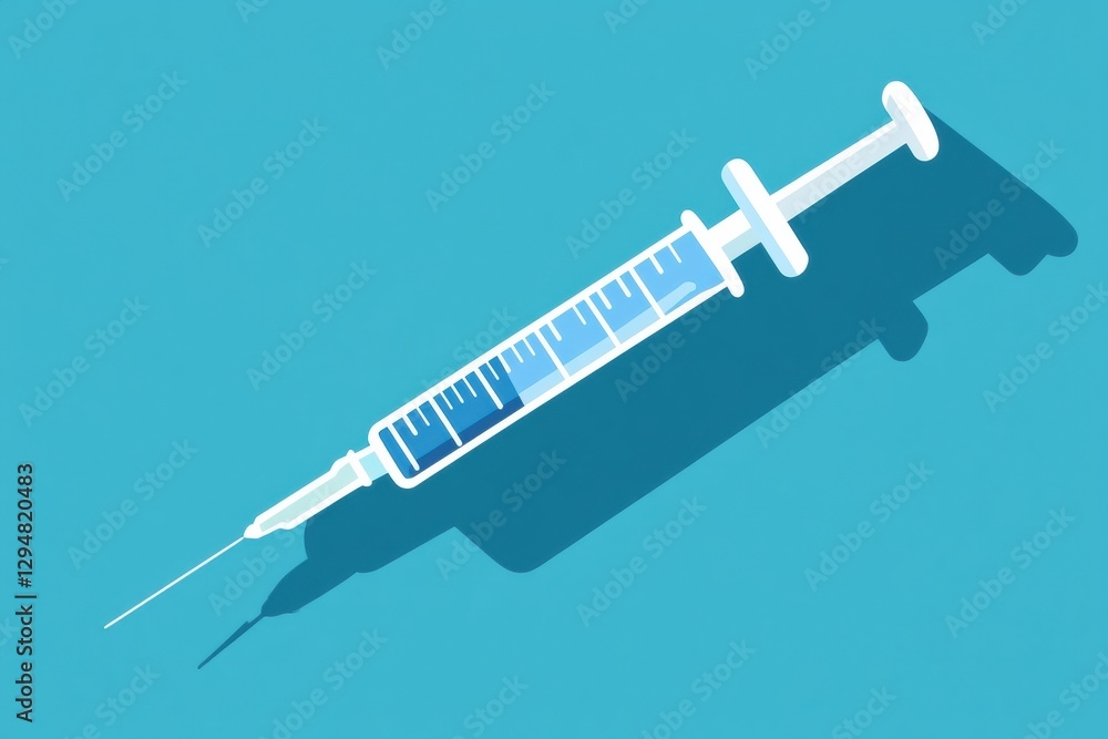 Poster syringe with liquid resting on a blue surface during a medical procedure at a healthcare facility. g