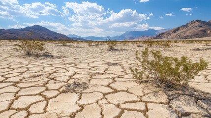 Arid Desert Landscape with Cracked Earth and Sparse Vegetation under a Sunny Sky