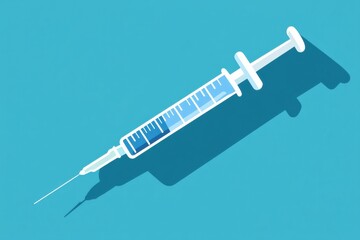 Syringe with liquid resting on a blue surface during a medical procedure at a healthcare facility. Generative AI