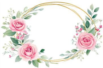 A floral frame featuring pink roses and greenery, ideal for invitations or decor.