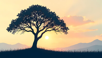 Lone Tree Silhouette at Sunset Over Mountains