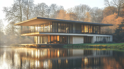 Obraz premium Modern house by lake, autumn morning