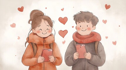 Young couple in love using mobile telephones.