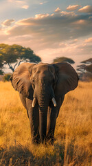 Obraz premium Majestic African Elephant Roaming the Golden Savanna at Sunset - A True Safari Experience