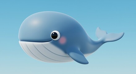 Cute blue whale swimming joyfully against a clear sky background